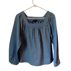 J Crew Top Womens Blue White Square Neck Seersucker Gathered Sleeve Size Small S